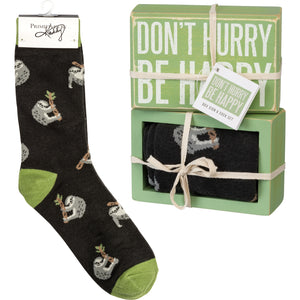 Don't Hurry Be Happy Sloth Socks & Box Sign Gift Set