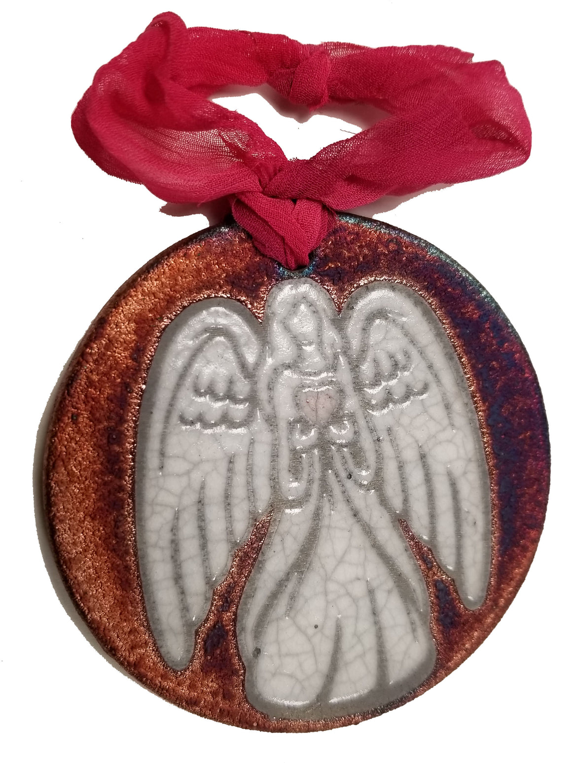 Angel with Heart Silhouette Medallion Ornament from Raku Pottery