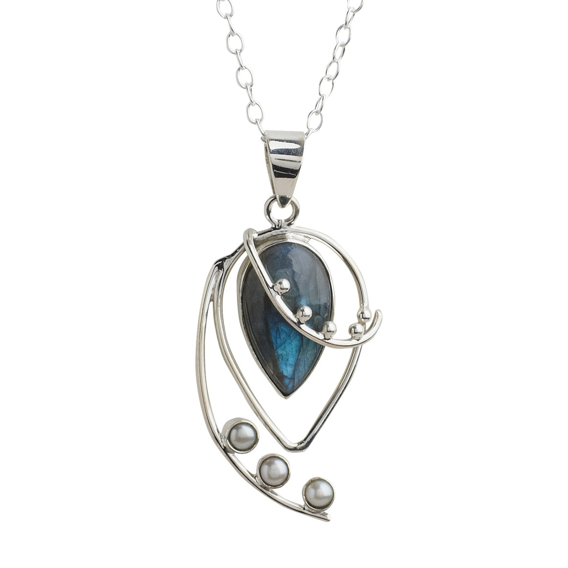 Spring Breeze Labradorite and Pearl Sterling Silver Necklace Handcrafted in India