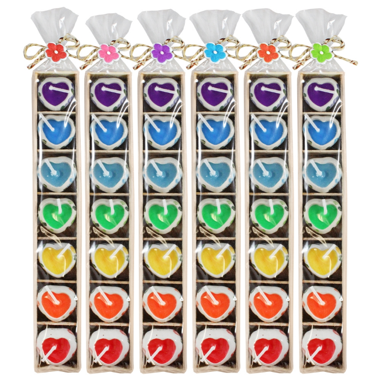 Colorful Chakra Candles Mini Ceramic Heart Holders Wooden Tray Gift Set