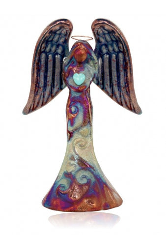 Angel with Gemstone Heart Handcrafted Ornament (4") from Raku Pottery