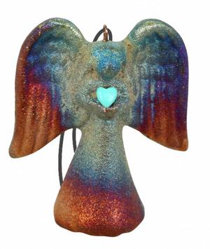 Spirit Angel with Gemstone Heart Ornament Handcrafted (2.5") from Raku Pottery