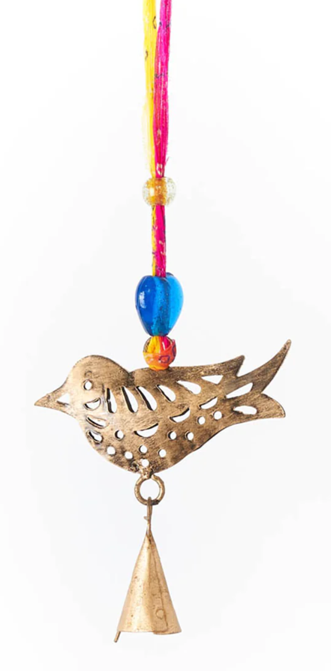 Chakshu Bird Bell Wind Chime Upcycled Sari - Handmade Decor