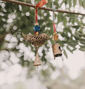 Chakshu Bird Bell Wind Chime Upcycled Sari - Handmade Decor