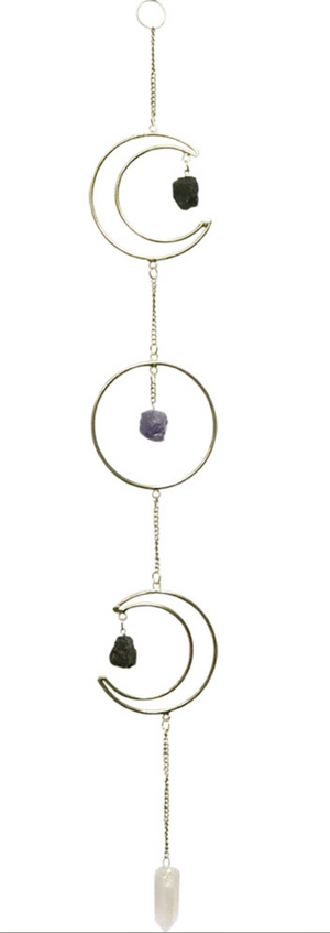 Metal Wall Hanging Triple Moon w/ Crystal Point & Gemstones - Gold