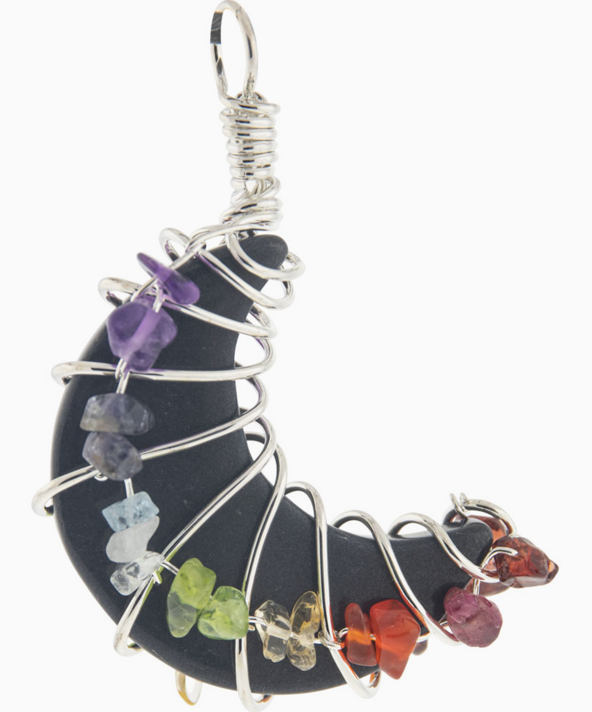Crescent Moon Pendant w/ Chakra - Black Agate