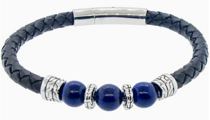 Leather Ss Clasp Bracelet-Black W/Lapis Silver Accent Beads
