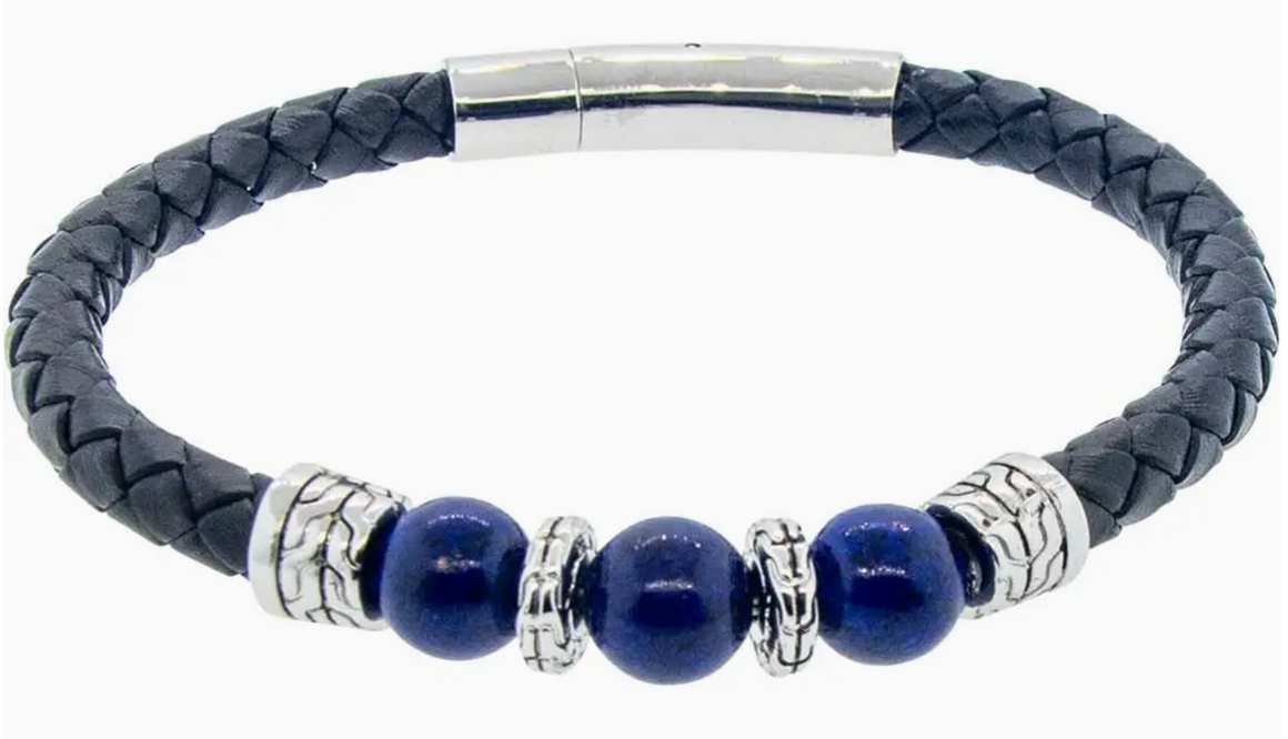 Leather Ss Clasp Bracelet-Black W/Lapis Silver Accent Beads
