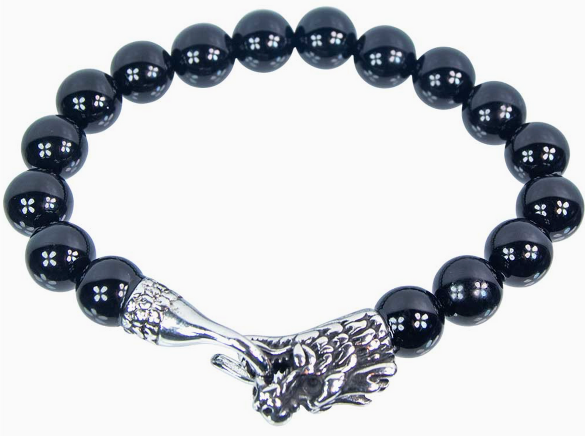 Elastic Bracelet 10mm Bead Black Onyx W/Ss Dragon Head Clasp