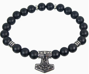 Elastic Bracelet 10mm Bead Matte Black Agate W/Viking Hammer