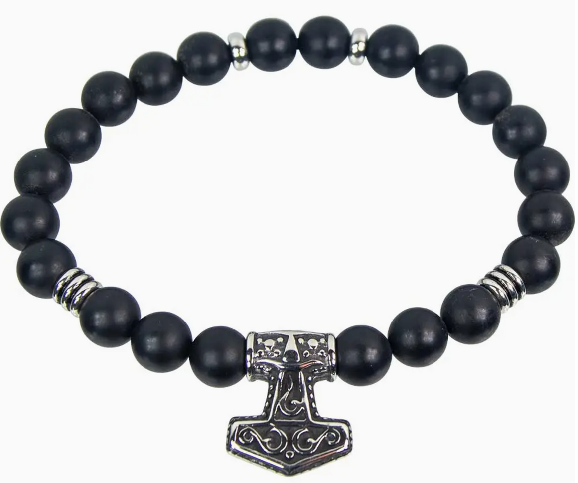 Elastic Bracelet 10mm Bead Matte Black Agate W/Viking Hammer