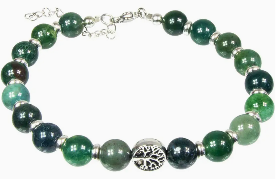 Adj Clasp Bracelet 8mm Bead Moss Agate W/Tree of Life&Accent
