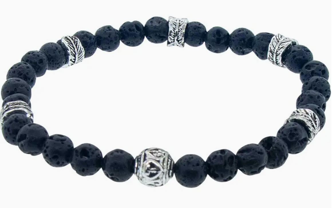 Elastic Bracelet 6mm Round Bead - Lava w/ Leaf Rondelles