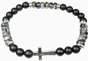 Elastic Bracelet 6mm Bead Black Agate & Labradorite w/ Cross