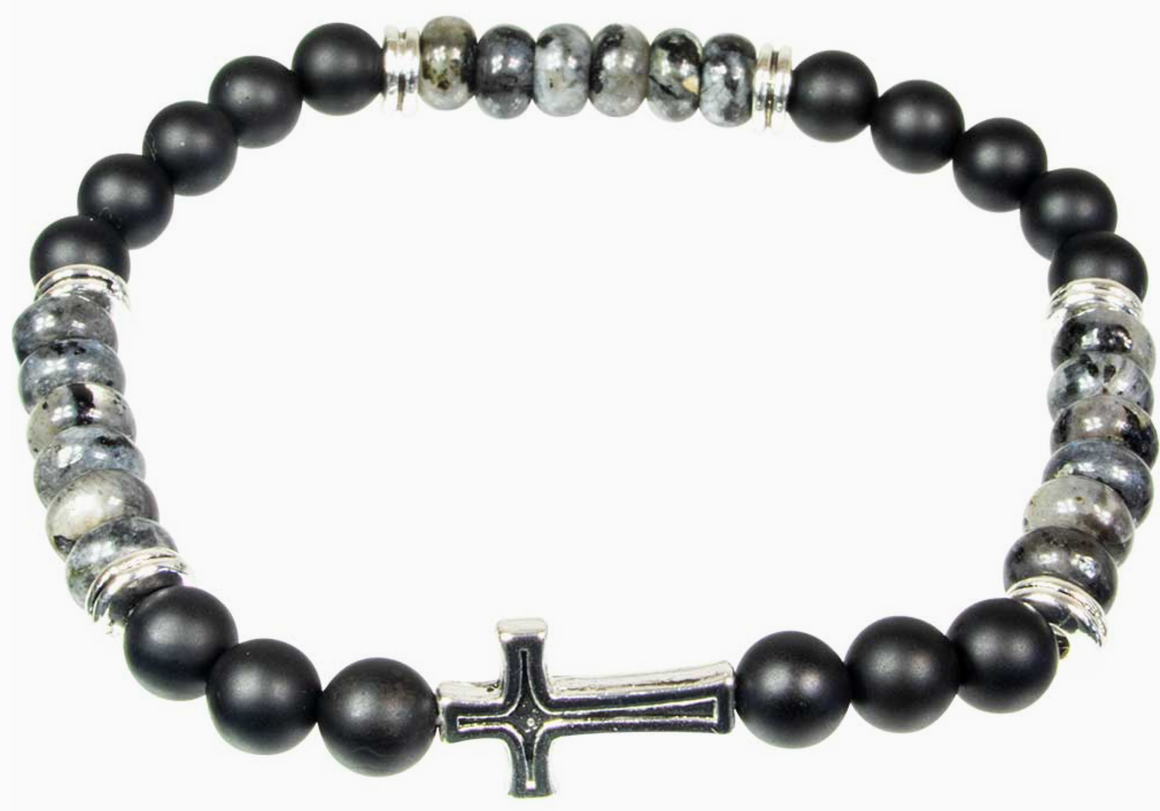 Elastic Bracelet 6mm Bead Black Agate & Labradorite w/ Cross