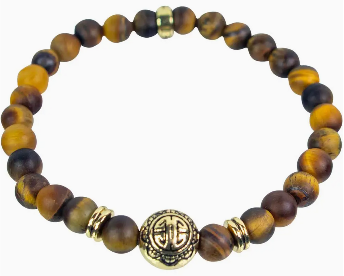 Elastic Bracelet 6mm Bead - Yellow Tiger Eye w/ Gold Beads