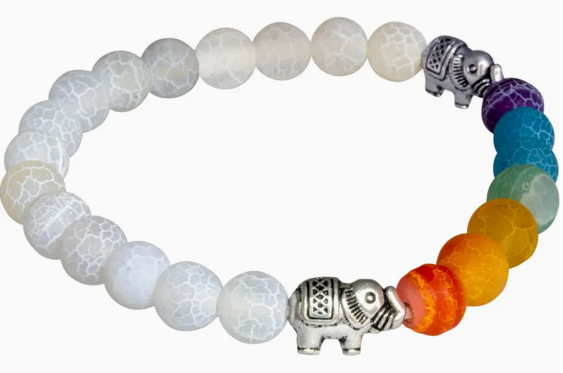 Chakra Elastic Bracelet, Cracked Agate - Elephant Charm