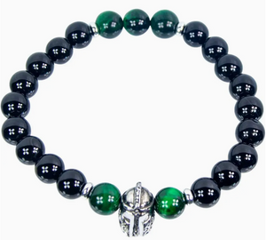 Elastic Bracelet 8mm Bead Bk Agate/Tiger Eye &Warrior Helmet