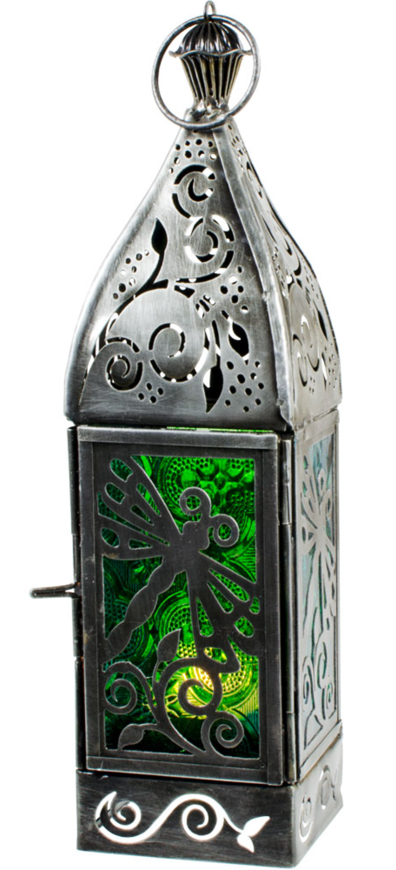 Glass & Metal Lantern Dragonfly Green & Turquoise