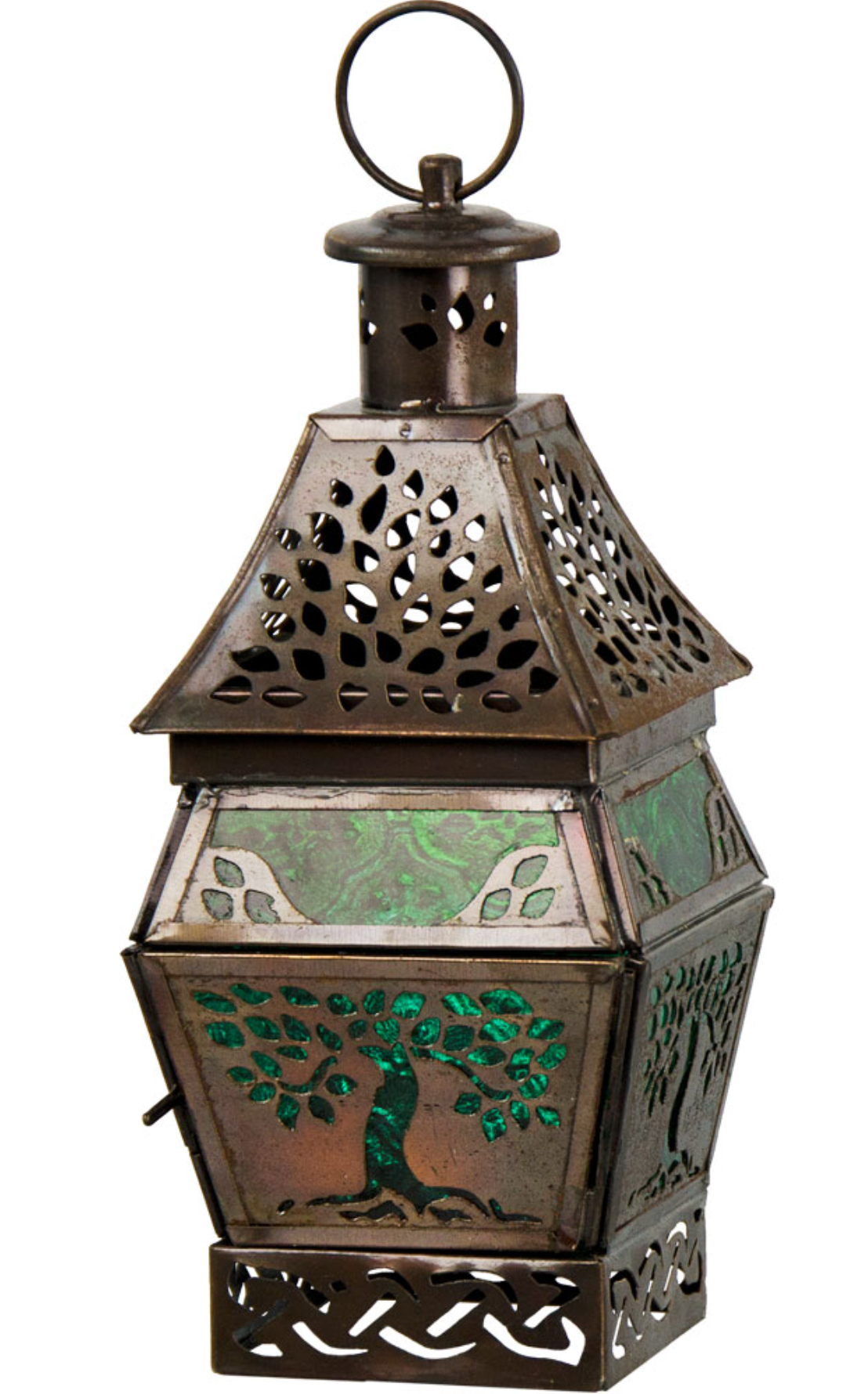 Glass & Metal Lantern Tree of Life Green