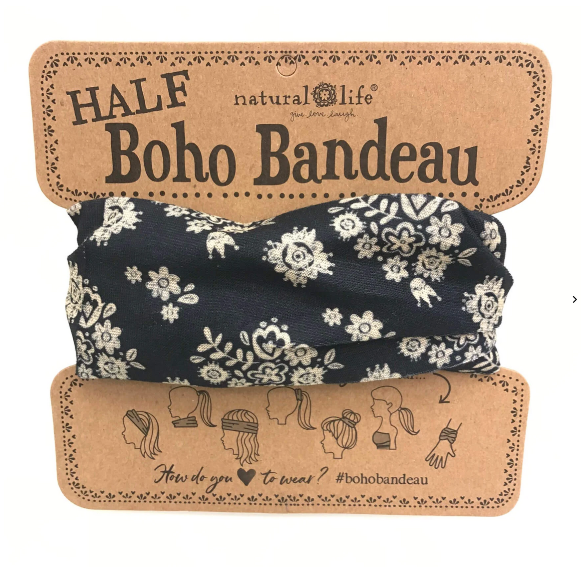 Half Boho Bandeau® Headband - Black Cream Floral