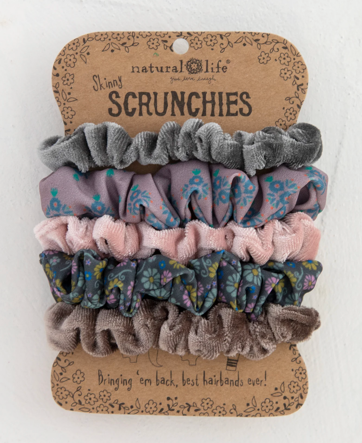 Print and Velvet Scrunchies, Set of 5 - Grey