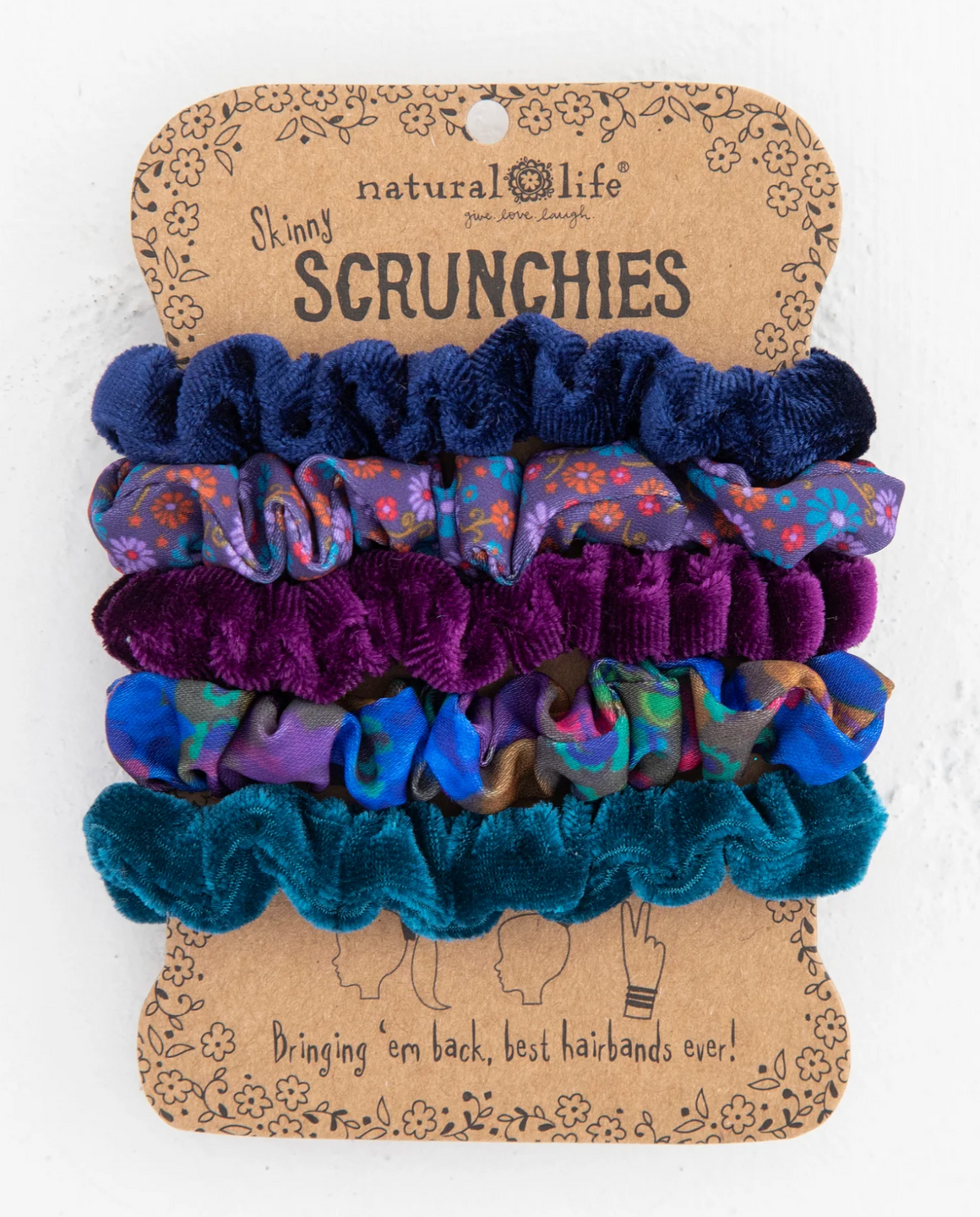Print and Velvet Scrunchies, Set of 5 - Navy