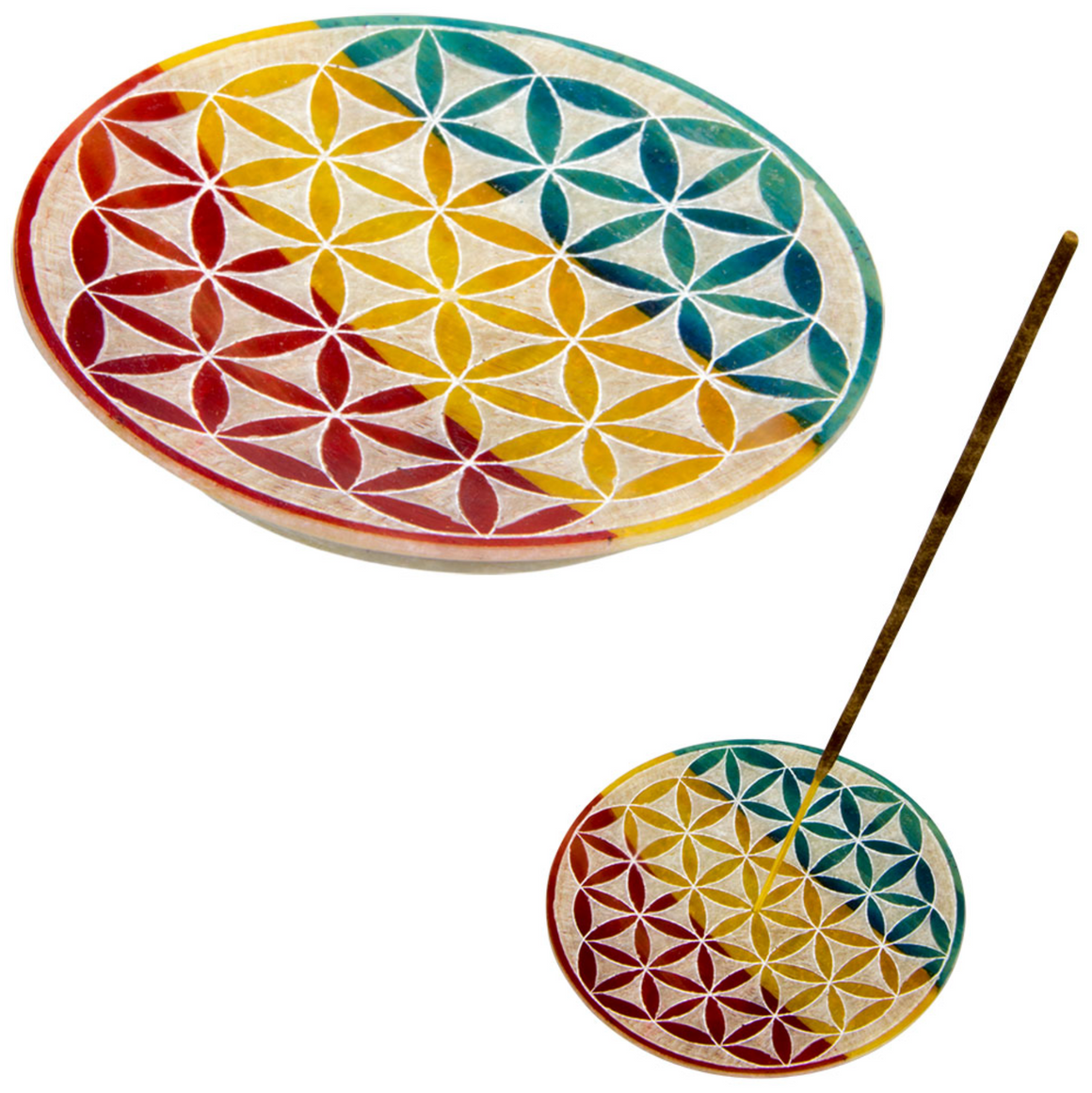 Soapstone Round Incense Holder - Flower of Life - Natural