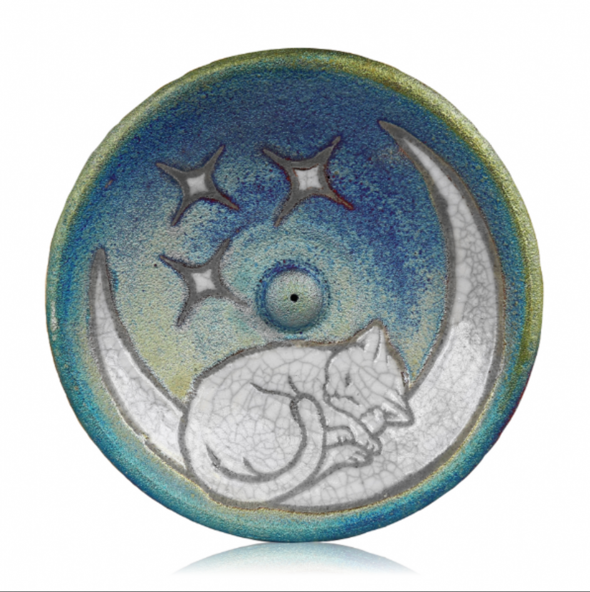 thumbnail image 2 of Handmade Cat On The Moon Raku Pottery Incense Burner – Signed Art Piece 2 of 6