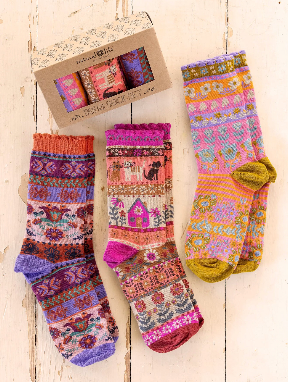 Boxed Boho Sock Set, Set of 3 - Cat