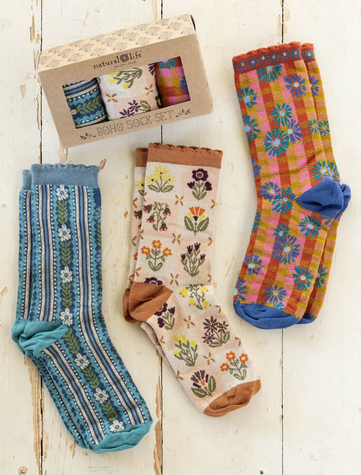 Boxed Boho Sock Set, Set of 3 - Cream Folk Floral