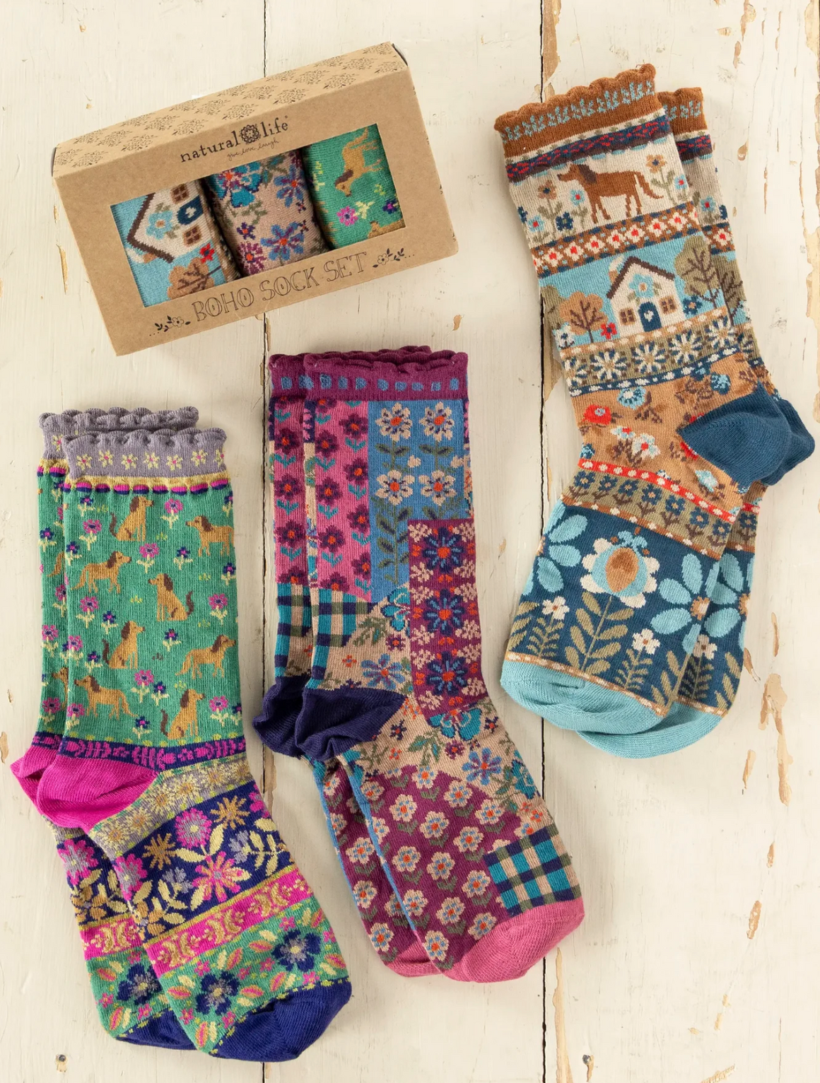 Boxed Boho Sock Set, Set of 3 - Blue Dog
