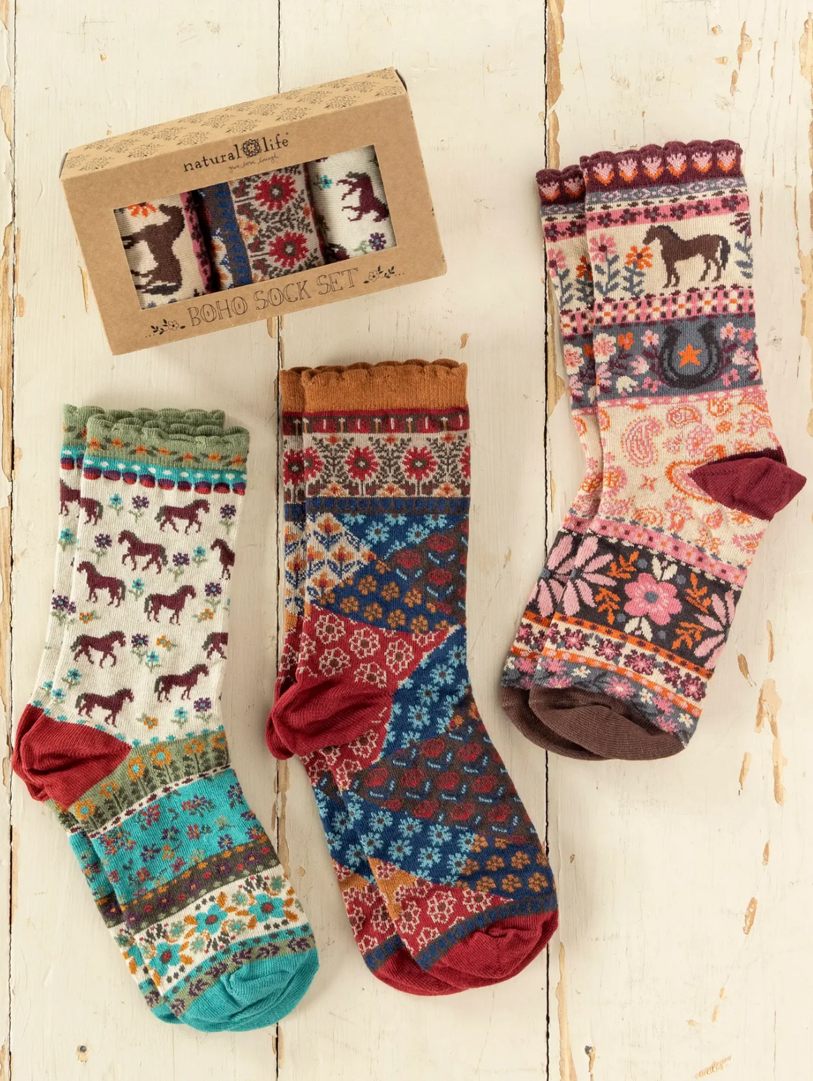 Boxed Boho Sock Set, Set of 3 - Red Horse