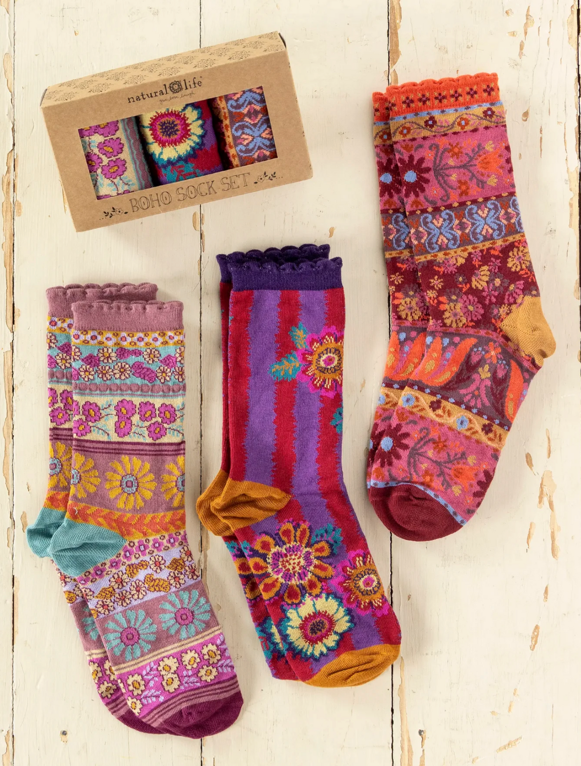Boxed Boho Sock Set, Set of 3 - Striped Floral