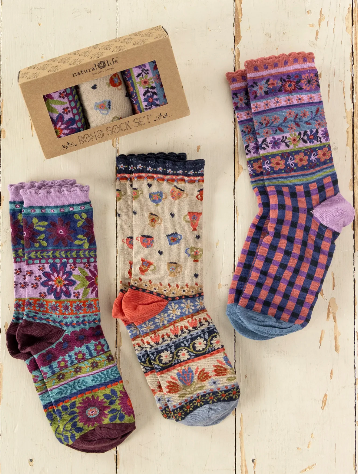 Boxed Boho Sock Set, Set of 3 - Purple Coffee Cup