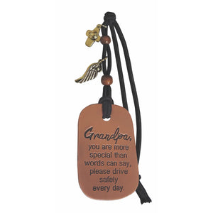 Grandpa Car Charm w/ Cross & Wing On Black Cord