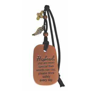 Husband Car Charm w/ Cross & Wing On Black Cord