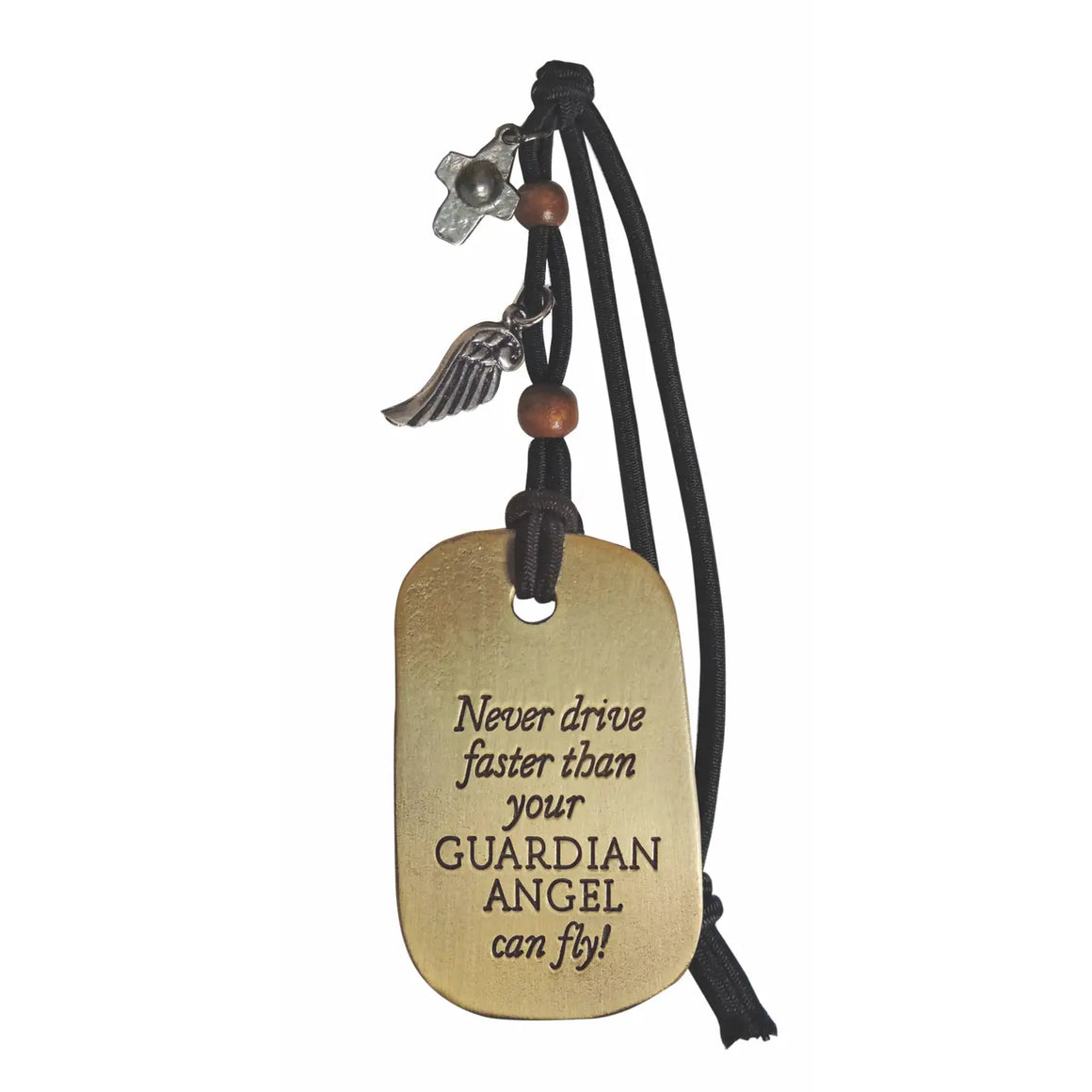 Never Drive Tag Car Charm w/ Cross & Wing On Black Cord
