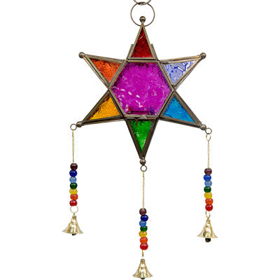 5-Point Star Chakras Multicolor with Bells ~Glass & Metal Lantern