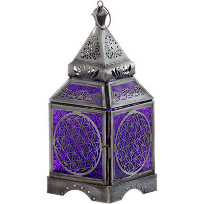 Flower of Life Glass & Metal Lantern ~ Purple ~ Candle Holder
