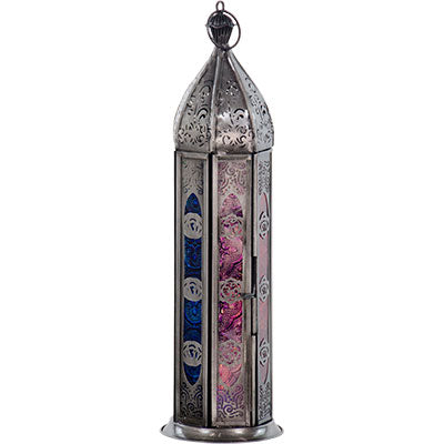 7 Chakras Glass & Metal Lantern ~ Silver ~ Candle Holder