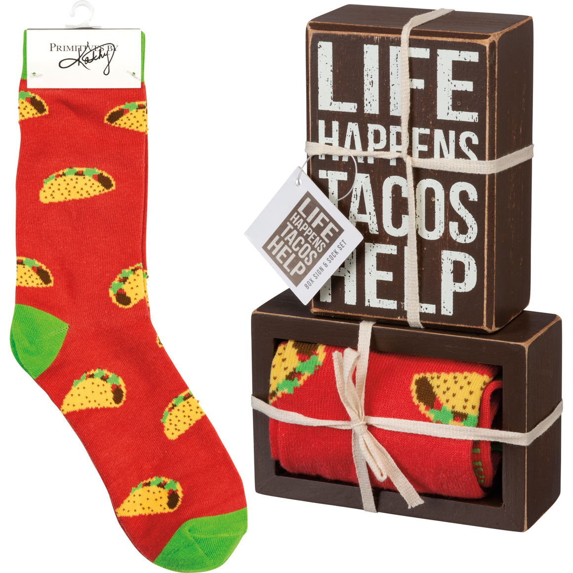 Life Happens Tacos Help Socks & Box Sign Gift Set