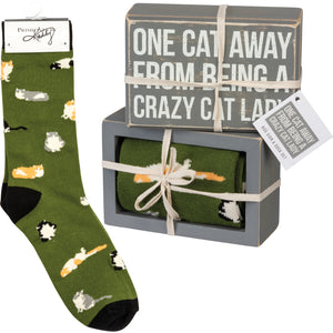 One Cat Away From Being A Crazy Cat Lady Socks & Box Sign Gift Set