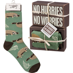 No Hurries No Worries Socks & Box Sign Gift Set