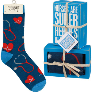Nurses Are Super Heroes In Disguise Socks & Box Sign Gift Set