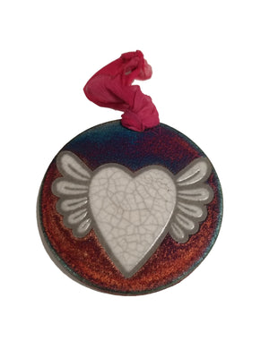 Wing Heart Silhouette Medallion Ornament from Raku Pottery