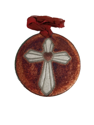 Cross Silhouette Medallion Ornament from Raku Pottery