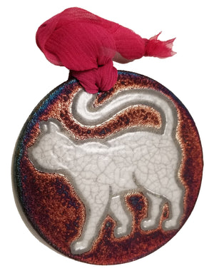 Cat Silhouette Medallion Ornament from Raku Pottery