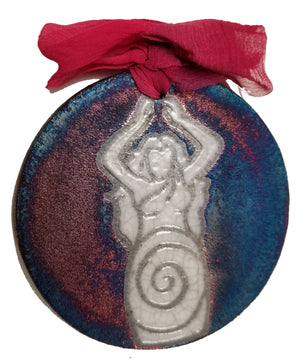 Goddess Silhouette Medallion Ornament from Raku Pottery