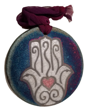 Hamsa Silhouette Medallion Ornament from Raku Pottery